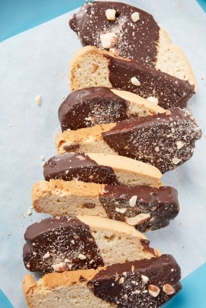 chocolate almond biscotti on a blue platter
